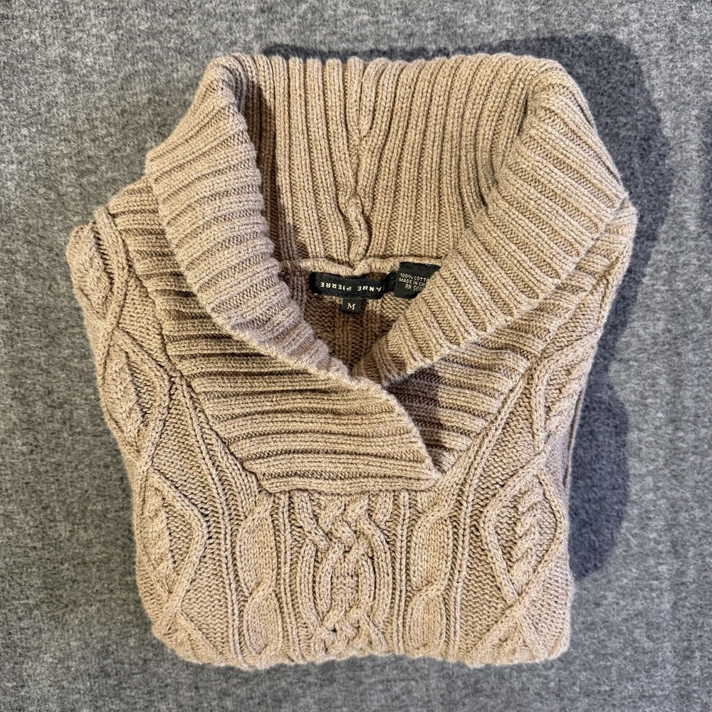Jeanne Pierre 100% Cotton Taupe Cable Knit Cowl Pullover Sweater- Size Med